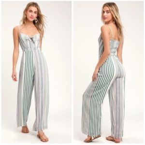 Lulus Promise Sage Green Striped Knotted Front Jumpsuit